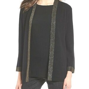 EILEEN FISHER Shimmer Merino BLACK Wool Cardigan MEDIUM Black Gold
